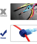 Comparison showing traditional wire splicing and T Tap Wire Connectors Kit 60 Pieces 30 Pairs Self Stripping Plug And Play Ready Quick Wire Splice Taps And Insulated Male Quick Disconnect Terminals 22 18 AWG Red 16 14 AWG Blue 12 10 AWG Yellow Ideal For Automotive And Home Wiring in use.