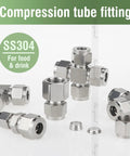 Angled view of two stainless steel 304 compression fittings for 3/8 in OD tubing to 3/8 in NPT female threads