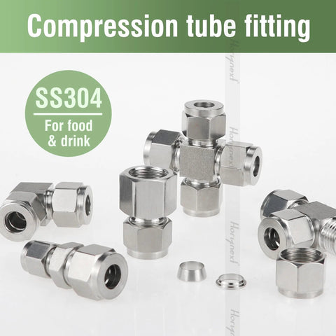 Angled view of two stainless steel 304 compression fittings for 3/8 in OD tubing to 3/8 in NPT female threads