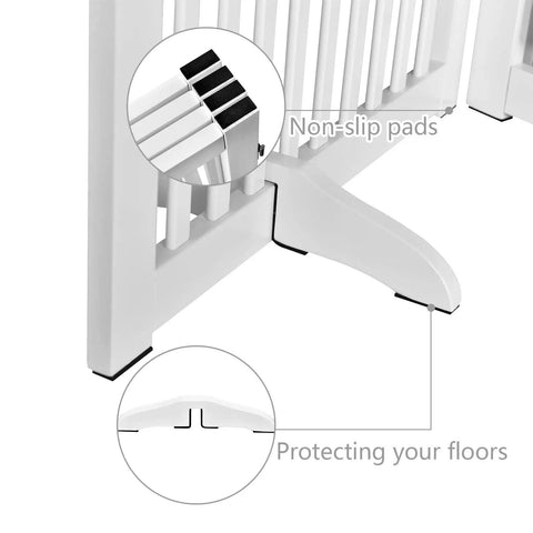 Wooden Support Feet For 360-Degree Configurable Pet Gate, White, A Pair, with non-slip pads and floor protection details.