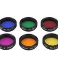 1.25 Inch Telescope Filter Set With Moon And Polarizing Filters, showing six stackable colored eyepiece filters for night sky observing