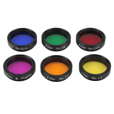 1.25 Inch Telescope Filter Set With Moon And Polarizing Filters, showing six stackable colored eyepiece filters for night sky observing