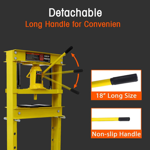 Heavy Duty 20-Ton Hydraulic Shop Press with Adjustable Plate and H-Frame, 40000 Lbs Capacity showing detachable long handle.