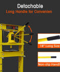 Detachable long handle and non-slip grips of Tough As Nails 20 Ton Hydraulic Shop Press With Solid Steel H Frame Construction.