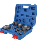 Premium 9-piece Concrete Hole Saw Drill Bit Kit With SDS Plus Arbors And Steel Mandrels For Tough Brick Stone Cement Jobs Featuring Carbide Teeth And Sizes From 30mm To 100mm For Serious Pros, blue case open