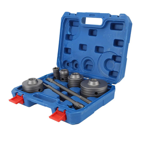 Premium 9-piece Concrete Hole Saw Drill Bit Kit With SDS Plus Arbors And Steel Mandrels For Tough Brick Stone Cement Jobs Featuring Carbide Teeth And Sizes From 30mm To 100mm For Serious Pros, blue case open