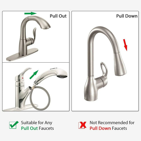 Image showing compatible pullout faucet and non-compatible pulldown faucet for Genuine Replacement Hose Service Kit.