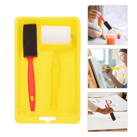 Take Care Of Sweat Equity Projects With This No Sweat Painting Kit Featuring Tough Bristle Brushes Effortless Paint Tray And Thick Sponge Rollers For Smooth Walls, yellow paint tray with foam roller and brush.
