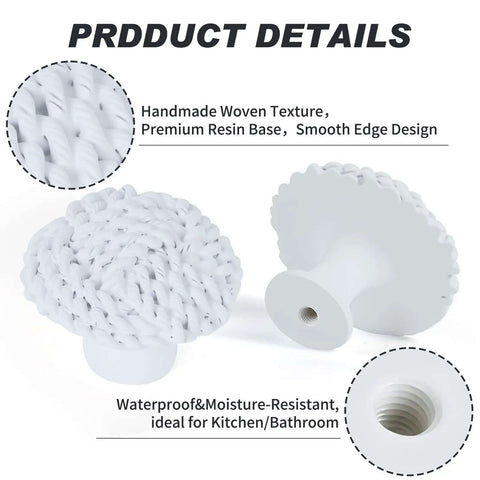 Boho Woven Resin Drawer Knobs Set Of 12 White Braided Cabinet Pulls with premium resin base and smooth edge design details