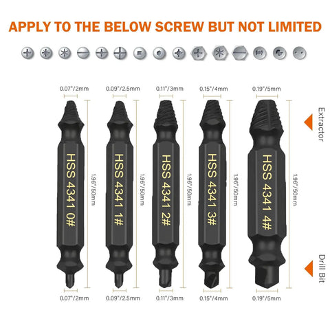 5 Piece HSS Screw Extractor Set For Removing Broken Screws With Storage Case Pro Grade High Speed Steel Drill Bits And Numbered Bits 0 Through 4 Simple 3 Step Process For Quick DIY Repairs, showing extractors and drill bits