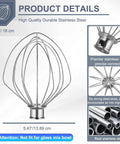 Stainless Steel 18 8 Six Wire Whisk Attachment For 6 Quart Bowl Lift Stand Mixers showing dimensions and details.