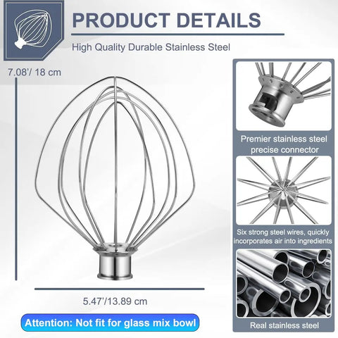 Stainless Steel 18 8 Six Wire Whisk Attachment For 6 Quart Bowl Lift Stand Mixers showing dimensions and details.