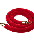 Red Velvet Stanchion Rope Set With Gold Stanchions For Elegant Crowd Control Plush Barrier Ropes coiled with gold clasps.