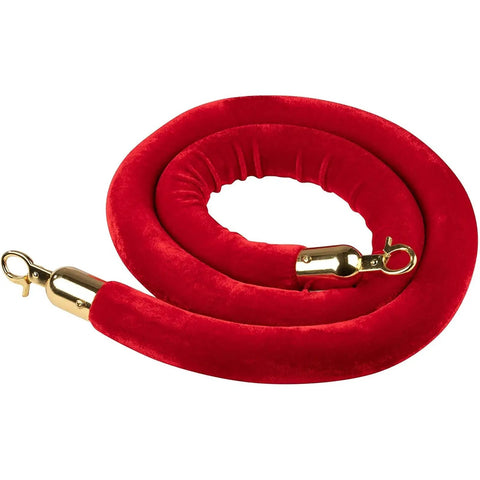 Red Velvet Stanchion Rope Set With Gold Stanchions For Elegant Crowd Control Plush Barrier Ropes coiled with gold clasps.