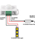 2 Pack No Brainer 12V-24V PIR Motion Sensor Switch for LED Light Strips Infrared Controller With Adjustable 1-10 Min Delay Auto On Off Motion Activated Sign Control 8 Meters Detection Range White wiring diagram for 12-24VDC LED light
