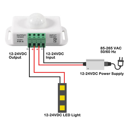 2 Pack No Brainer 12V-24V PIR Motion Sensor Switch for LED Light Strips Infrared Controller With Adjustable 1-10 Min Delay Auto On Off Motion Activated Sign Control 8 Meters Detection Range White wiring diagram for 12-24VDC LED light