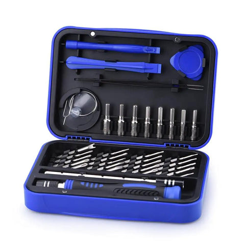 Open 36 In 1 Screwdriver Set For DJI Drones And RC Toys Repair Tool Kit in blue case with magnetic driver and precision bits visible