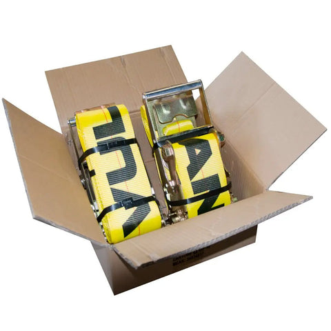 Built Tough Heavy Duty Ratchet Strap Set With Flat Hooks 4 Inch By 27 Foot 2 Pack Bright Yellow Load Tie Downs in box