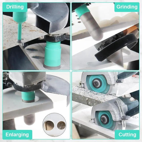 Pro Grade All In One Diamond Hole Saw Kit For Tile 6 To 100mm With Cutting Disc 13 Piece Set in use on tile and stone