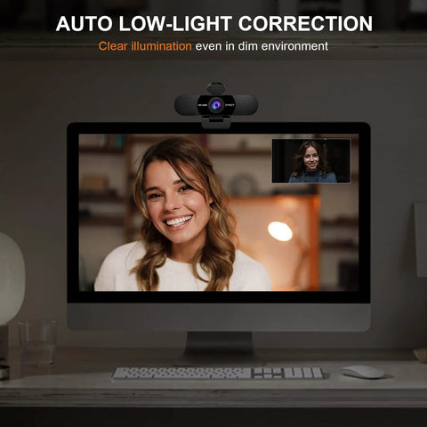 Top Rated Full Hd Webcam Equipped With Dual Noise Canceling Mics And Sliding Privacy Cover Rock Solid For Chill Streaming Sessions And Crisp Daily Video Calls on computer in dim light.