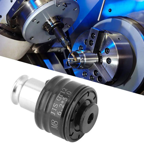 GT12 Compact Tapping Collet Chuck with metal drill setup, torque-controlled, quick change design for M8 threads