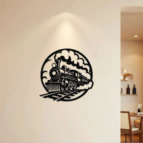 Locomotive Metal Wall Art In Black Finish For Indoor And Outdoor Decor 20 Inch Vintage Rustic Artwork in living room decor