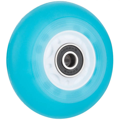 Dope Light Up Inline Skate Wheels With LED Lights No Batteries Needed Powered By Centrifugal Force Flashing Roller Skate Wheels With ABEC 9 Bearings 72mm 76mm 80mm Blue 4 Pack For Night Rides, showing a single blue wheel close-up