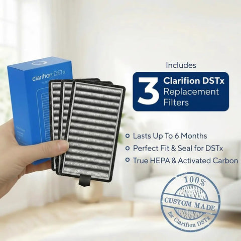 Hand holding DSTx HEPA Plus Carbon Air Purifier Filters Replacement 3 Pack with box, suitable for home bedroom office filtration.