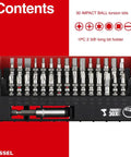 Impact Ball Torsion Bit Set With 30 Piece Includes Two And Three Eighths Inch Bit Holder In Slide Case display