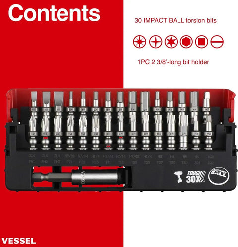 Impact Ball Torsion Bit Set With 30 Piece Includes Two And Three Eighths Inch Bit Holder In Slide Case display