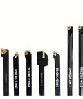 Half Inch Shank Lathe Tool Kit with seven tool holders showing various carbide inserts for precision metalworking.