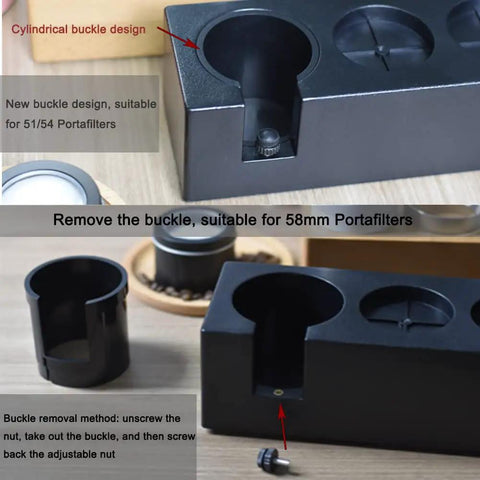 Go To Espresso Tamping Station Stand in black plastic for 51mm, 54mm, and 58mm portafilters with removable buckle design.