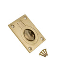 Polished Brass Flush Ring Pull Handle 60mm By 50mm For Cabinets And Drawers with mounting screws, shown at an angle.