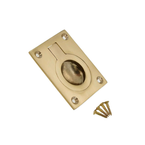 Polished Brass Flush Ring Pull Handle 60mm By 50mm For Cabinets And Drawers with mounting screws, shown at an angle.