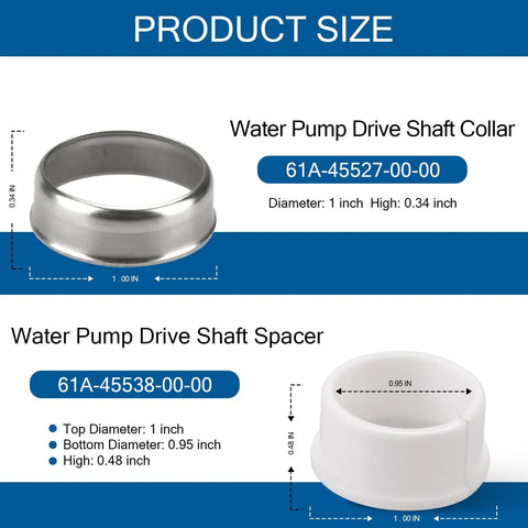 Outboard Water Pump Drive Shaft Collar And Spacer Kit For 115-300HP Two And Four Stroke Motors With Collar 61A-45527-00-00 And Spacer 61A-45538-00-00 Mercury 225 EFI Four Stroke Compatible, showing product size details.