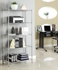 Heavy Duty Five Tier Wire Shelving Unit Kickass Storage Rack With Fully Adjustable Shelves For Kitchen Garage And Pantry Organization Keep Your Space Clean In Sleek Silver Gray 29 X 13 X 59 Inches with decorative items and printer.