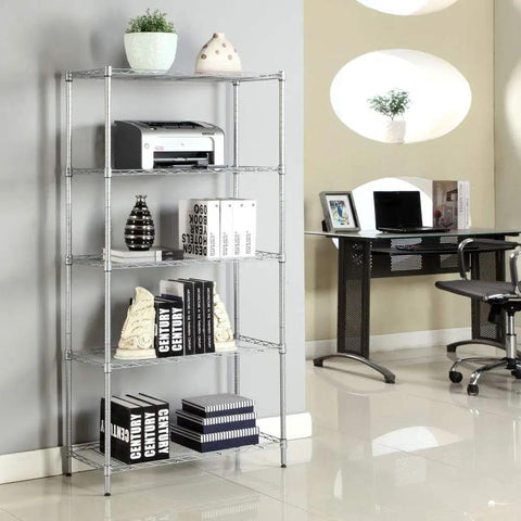 Heavy Duty Five Tier Wire Shelving Unit Kickass Storage Rack With Fully Adjustable Shelves For Kitchen Garage And Pantry Organization Keep Your Space Clean In Sleek Silver Gray 29 X 13 X 59 Inches with decorative items and printer.