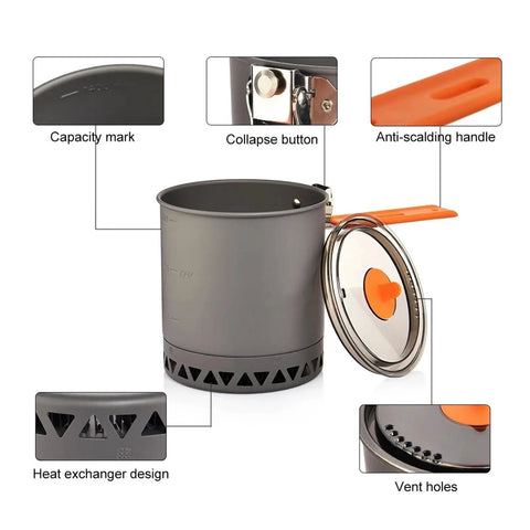 Ultimate Outdoor Cooking Set For Camping And Trekking With Ultra Lightweight Pot and lid showing features like capacity mark and handle.