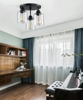 Room with Three Light Industrial Semi Flush Mount Ceiling Fixture With Vintage Clear Seeded Glass Shade, Black Finish
