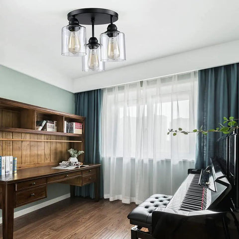 Room with Three Light Industrial Semi Flush Mount Ceiling Fixture With Vintage Clear Seeded Glass Shade, Black Finish