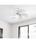 Turbo Swirl 30 Inch White Indoor Ceiling Fan With Dimmable LED Light Kit, Opal Frosted Glass, White Finish Blades in a small room
