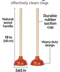 Heavy Duty Wooden Handle Plunger Duo For Toilets And Sinks Tough Rubber Bell, 19 inch tools with natural wood and rubber.