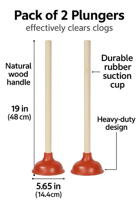 Heavy Duty Wooden Handle Plunger Duo For Toilets And Sinks Tough Rubber Bell, 19 inch tools with natural wood and rubber.