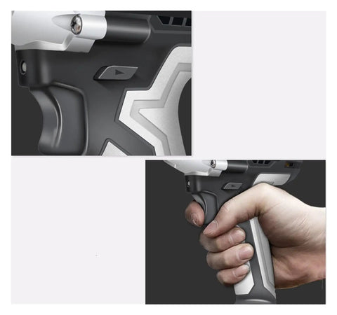 Close-up of Badass Grip Cordless Brushless Impact Wrench's ergonomic grip, showcasing control for auto repair and woodworking projects.