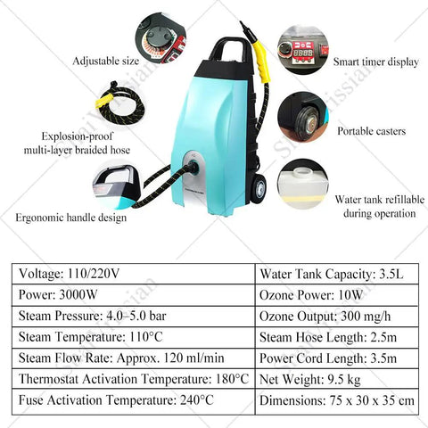Heavy Duty Steam Cleaner With Continuous Steam Output For Tile Grout Kitchen Grease Auto Detailing And Floor Cleaning image showcasing adjustable hose, wheels, and control panel.