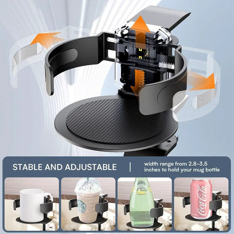 2 In 1 Desk Cup Holder And Headphone Hook, 360 Degree Rotating Aluminum Alloy Bracket, showing adjustable width