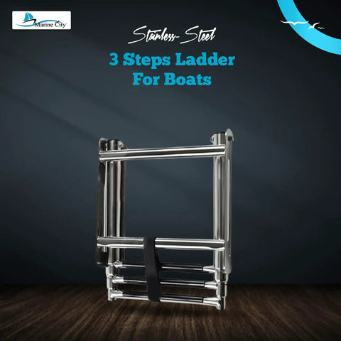 Heavy Duty 3 Step Telescoping Swim Platform Ladder Crafted From Marine Grade 304 Stainless Steel Featuring A Clean Flip Up Design Plus Grippy Non Skid Steps For Boats Yachts Pontoons That Will Absolutely Crush It in a sleek upright position.