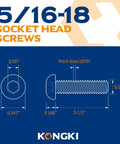 5/16-18 Button Head Socket Cap Screws dimensions, 3-1/2 inch length, 304 stainless steel diagram, for heavy duty applications.