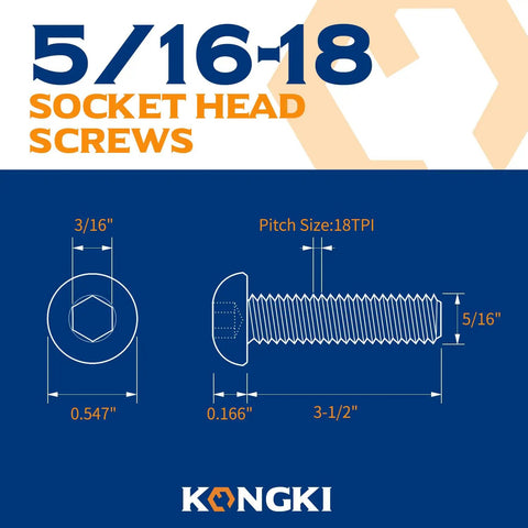 5/16-18 Button Head Socket Cap Screws dimensions, 3-1/2 inch length, 304 stainless steel diagram, for heavy duty applications.