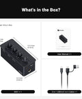 Product package showing SK01 Portable Headphone Amplifier With Built In EQ And Preamp Bass Midrange Treble Tone Control, manual, and cable.